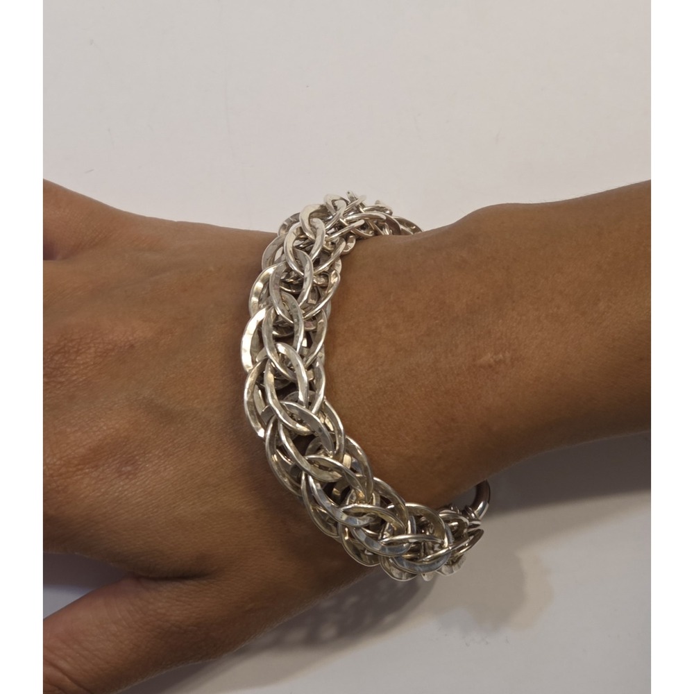 DESIGNER "AK" TURKEY LARGE STERLING SILVER 3D CABLE HAMMERED CHAIN BRACELET 9"